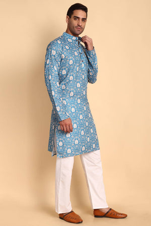 Mens Blue Printed Cotton Kurta Set (ACA9755)