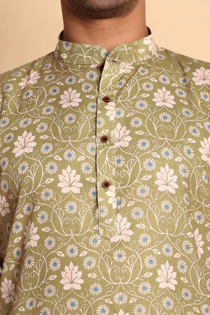Mens Green Printed Cotton Kurta Set (ACA9756)