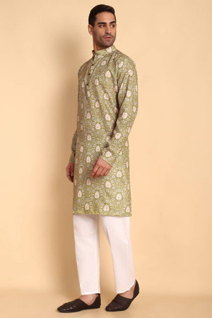 Mens Green Printed Cotton Kurta Set (ACA9756)