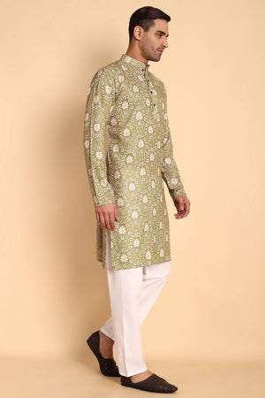 Mens Green Printed Cotton Kurta Set (ACA9756)