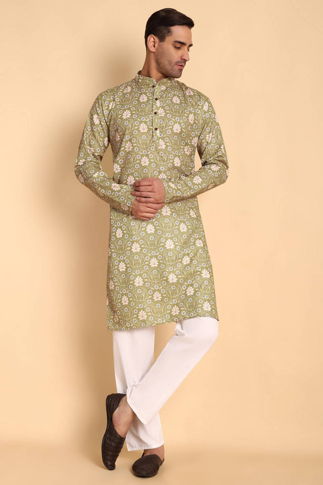 Mens Green Printed Cotton Kurta Set (ACA9756)