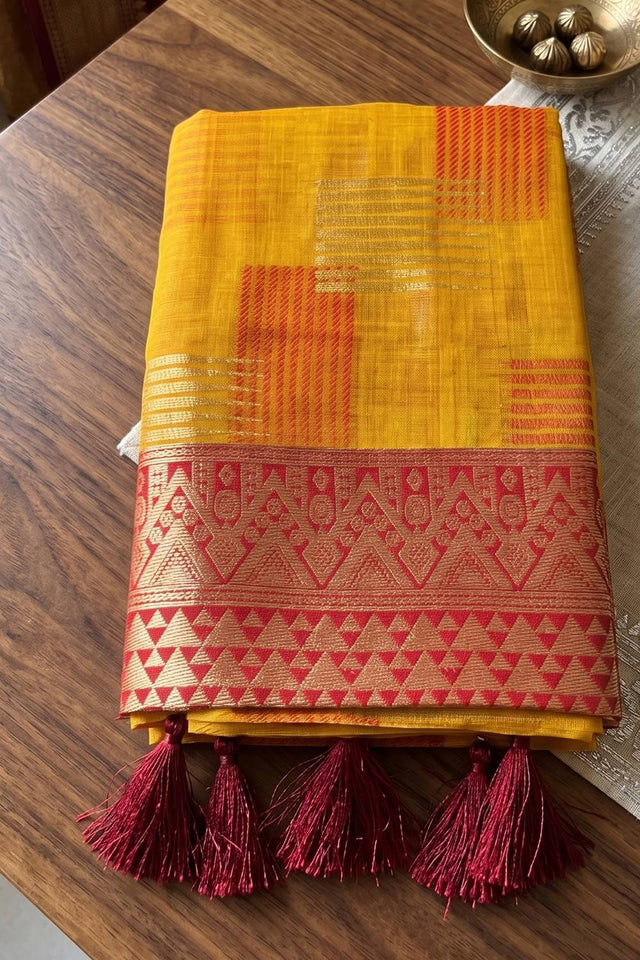 Yellow Woven Linen Saree (ACA9762)