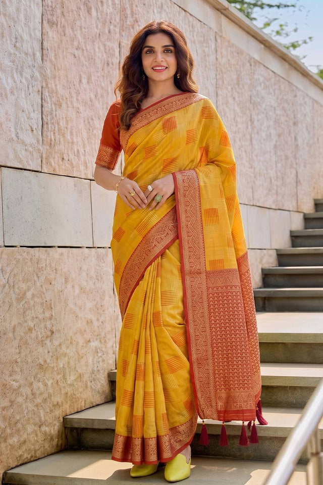 Yellow Woven Linen Saree (ACA9762)