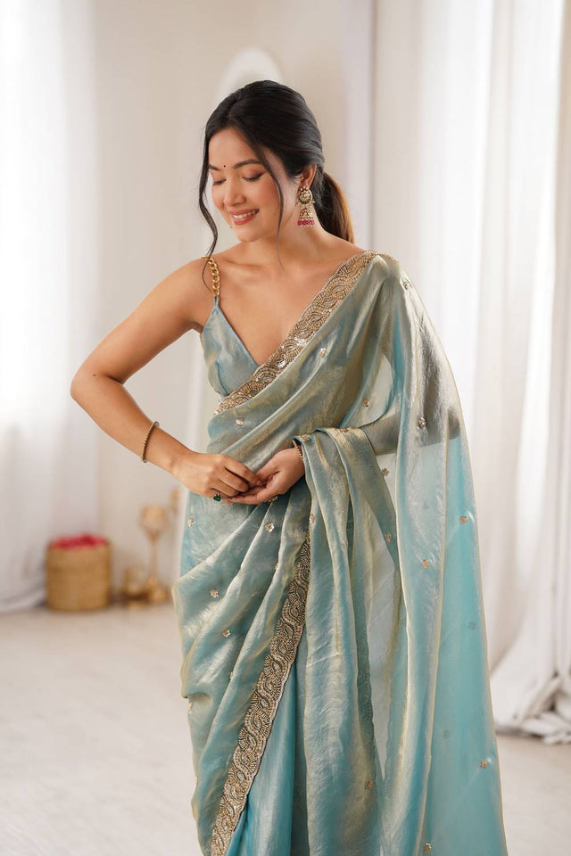 Blue Beads Embossed Satin Saree (ACA9763)