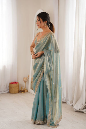 Blue Beads Embossed Satin Saree (ACA9763)