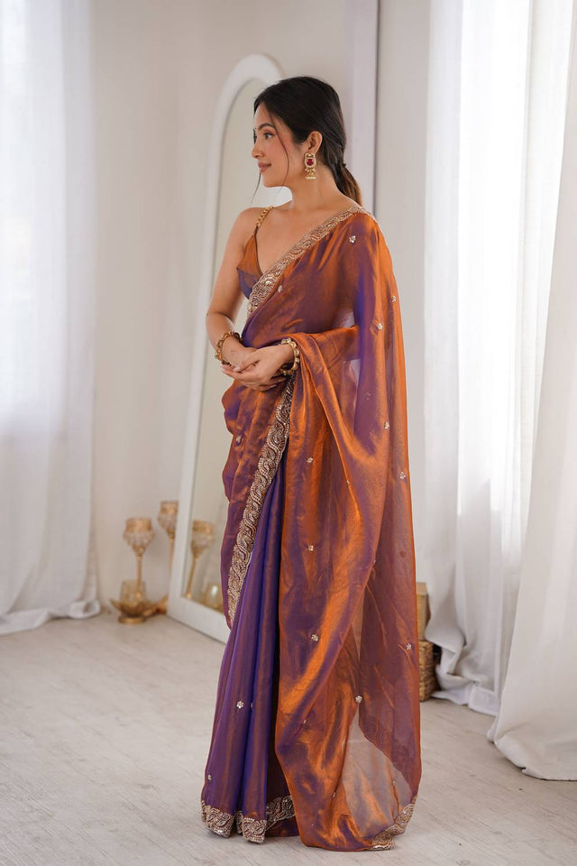 Purple Beads Embossed Satin Saree (ACA9764)