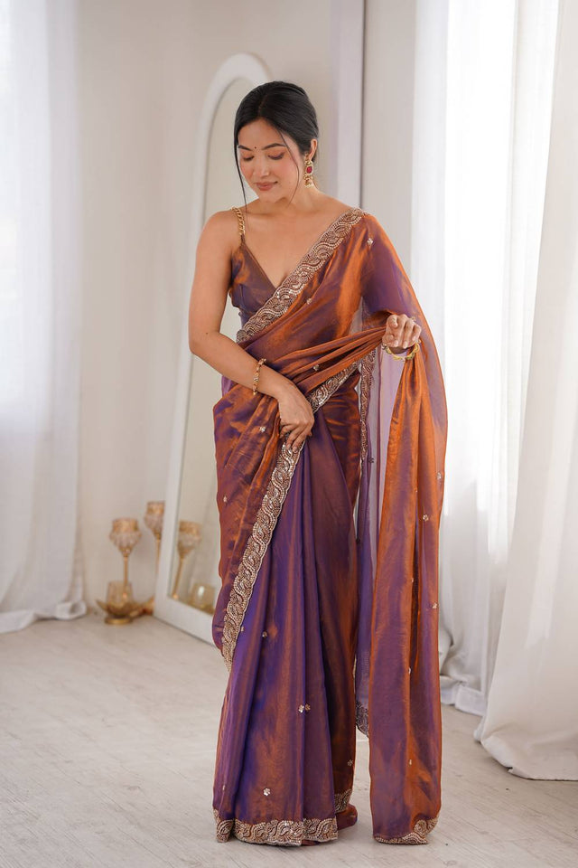 Purple Beads Embossed Satin Saree (ACA9764)