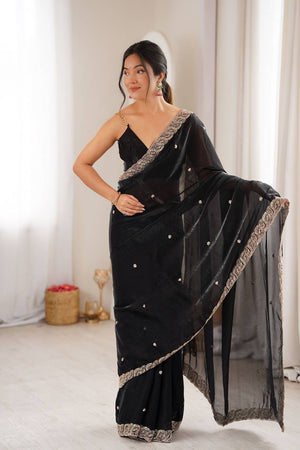 Black Beads Embossed Satin Saree (ACA9765)