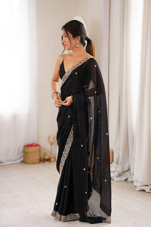 Black Beads Embossed Satin Saree (ACA9765)