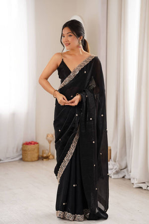 Black Beads Embossed Satin Saree (ACA9765)