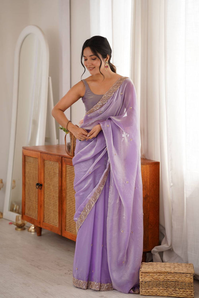 Lavender Beads Embossed Satin Saree (ACA9766)