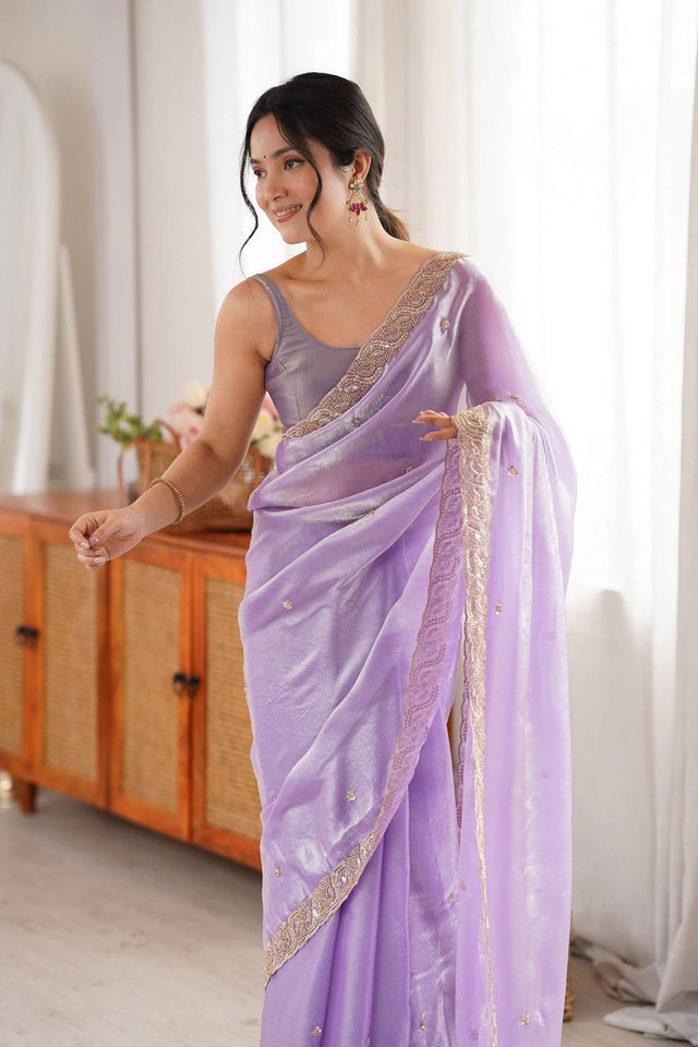 Lavender Beads Embossed Satin Saree (ACA9766)