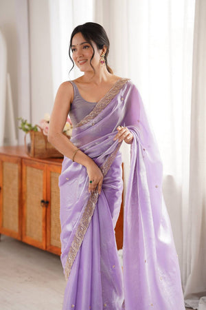 Lavender Beads Embossed Satin Saree (ACA9766)