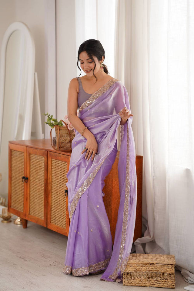 Lavender Beads Embossed Satin Saree (ACA9766)
