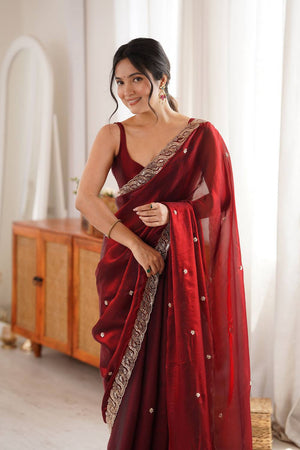Maroon Beads Embossed Satin Saree (ACA9767)