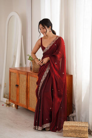 Maroon Beads Embossed Satin Saree (ACA9767)