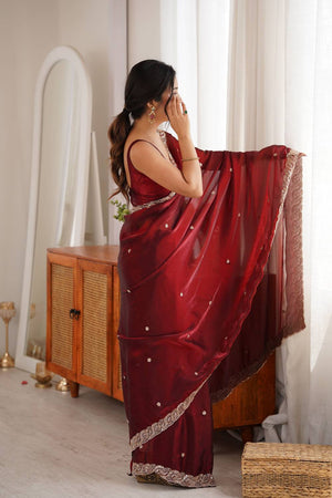 Maroon Beads Embossed Satin Saree (ACA9767)