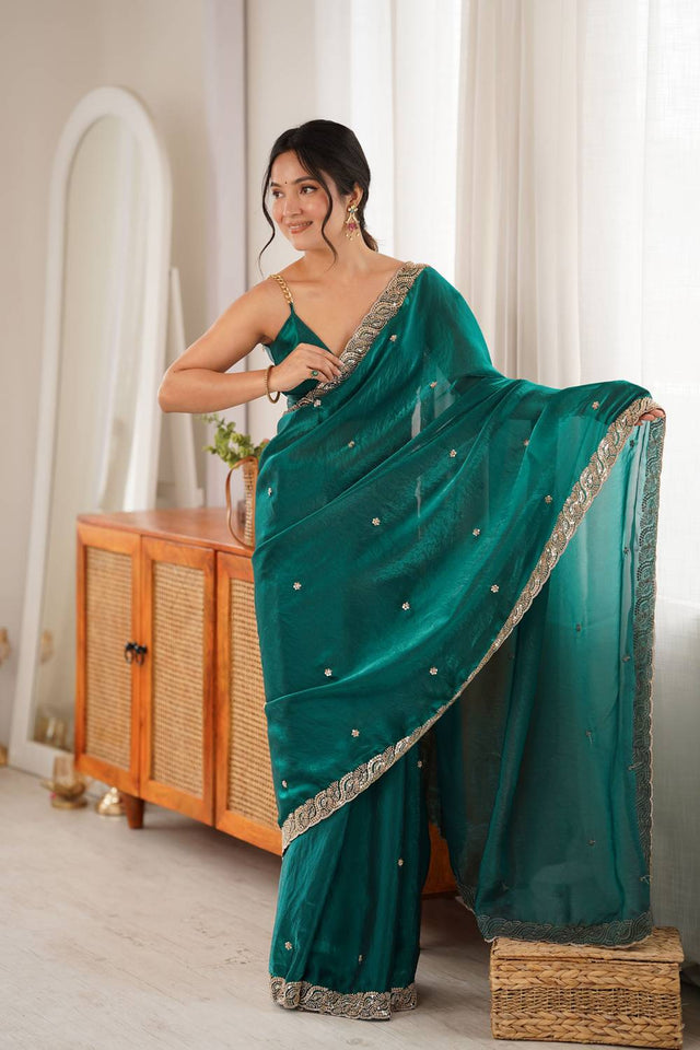 Turquoise Beads Embossed Satin Saree (ACA9768)
