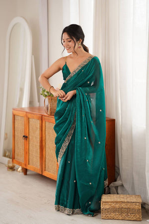 Turquoise Beads Embossed Satin Saree (ACA9768)