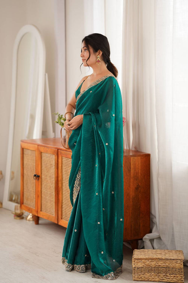 Turquoise Beads Embossed Satin Saree (ACA9768)