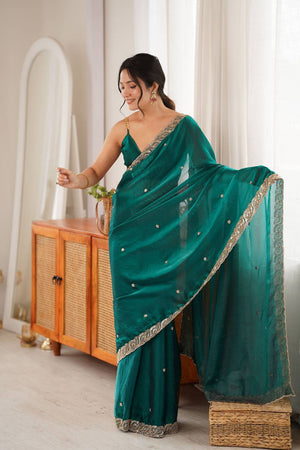 Turquoise Beads Embossed Satin Saree (ACA9768)
