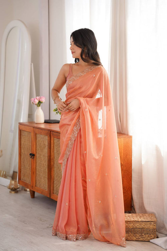 Orange Beads Embossed Satin Saree (ACA9769)