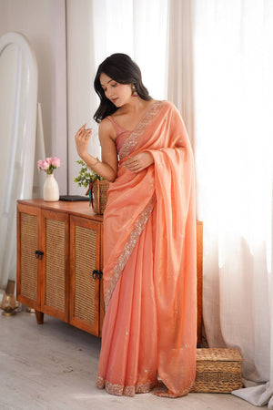 Orange Beads Embossed Satin Saree (ACA9769)