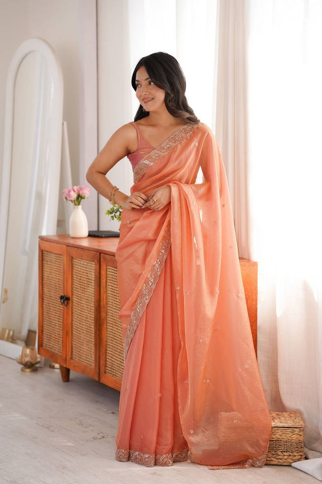 Orange Beads Embossed Satin Saree (ACA9769)