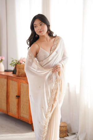 Off White Beads Embossed Satin Saree (ACA9770)