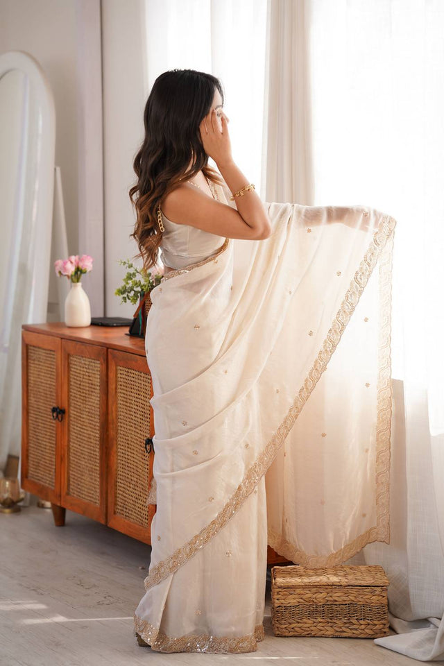Off White Beads Embossed Satin Saree (ACA9770)