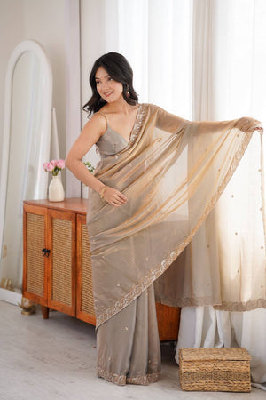 Grey Beads Embossed Satin Saree (ACA9772)