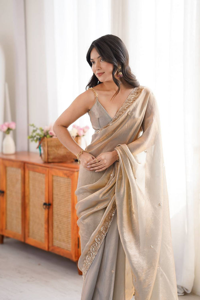 Grey Beads Embossed Satin Saree (ACA9772)