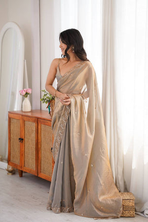 Grey Beads Embossed Satin Saree (ACA9772)