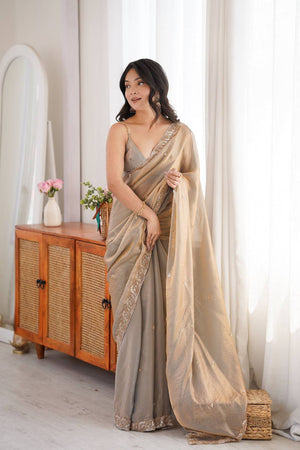 Grey Beads Embossed Satin Saree (ACA9772)