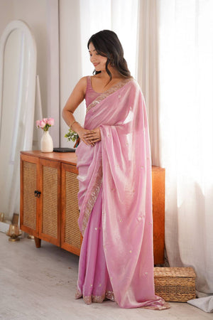 Blue Beads Embossed Satin Saree (ACA9773)