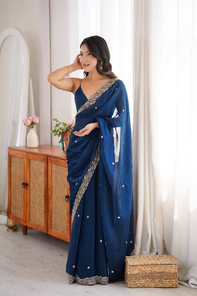 Pink Beads Embossed Satin Saree (ACA9774)