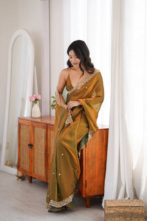Gold Beads Embossed Satin Saree (ACA9775)