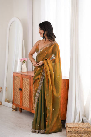 Gold Beads Embossed Satin Saree (ACA9775)
