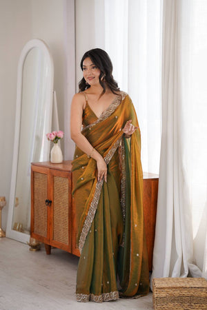 Gold Beads Embossed Satin Saree (ACA9775)