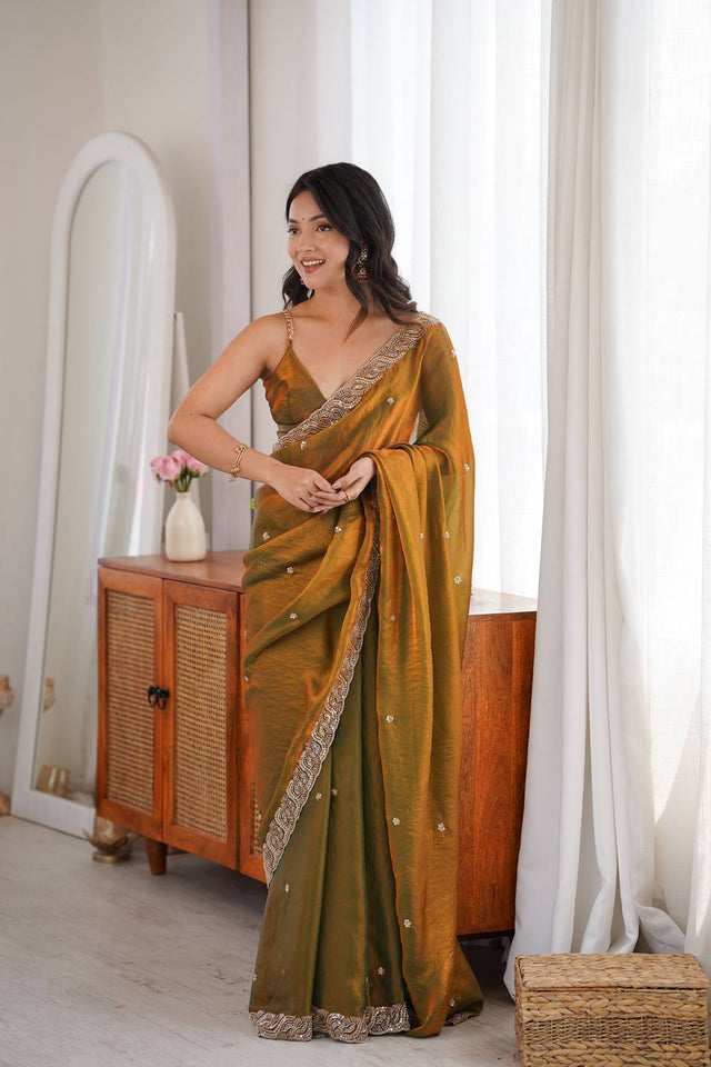 Gold Beads Embossed Satin Saree (ACA9775)