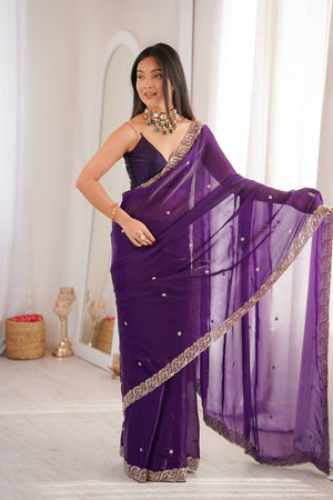 Purple Beads Embossed Satin Saree (ACA9776)