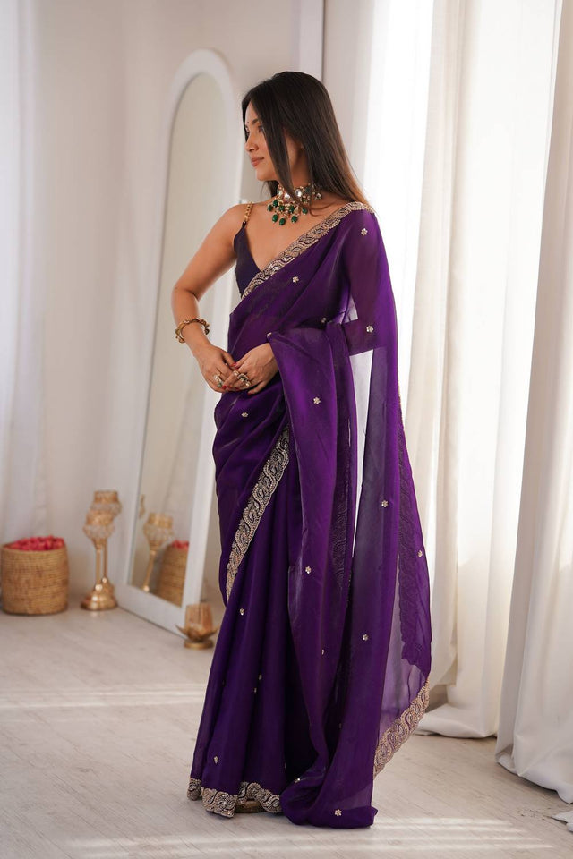 Purple Beads Embossed Satin Saree (ACA9776)