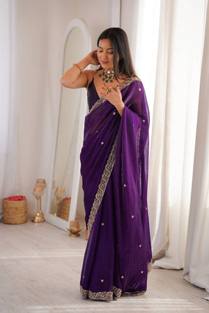 Purple Beads Embossed Satin Saree (ACA9776)