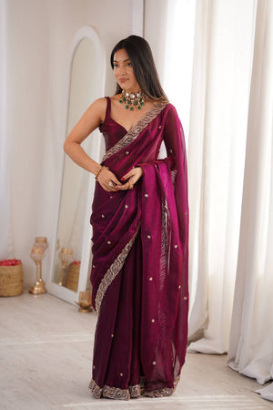 Wine Beads Embossed Satin Saree (ACA9777)