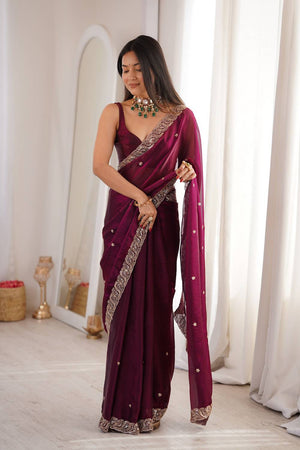Wine Beads Embossed Satin Saree (ACA9777)