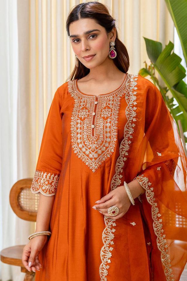 Rust Embroidered Silk Blend Kurti Pant Set (ACA9778)