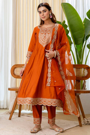 Rust Embroidered Silk Blend Kurti Pant Set (ACA9778)