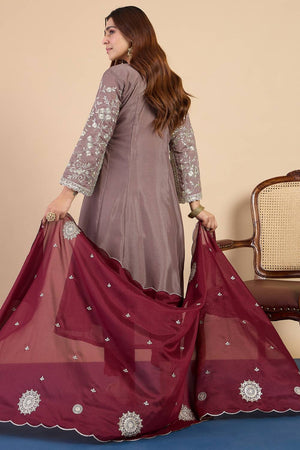 Grey Embroidered Silk Blend Kurti Pant Set (ACA9779)