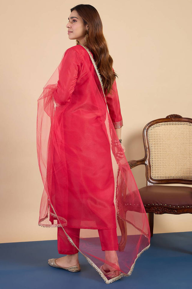 Pink Sequin with Embroidered Silk Blend Kurti Pant Set (ACA9781)