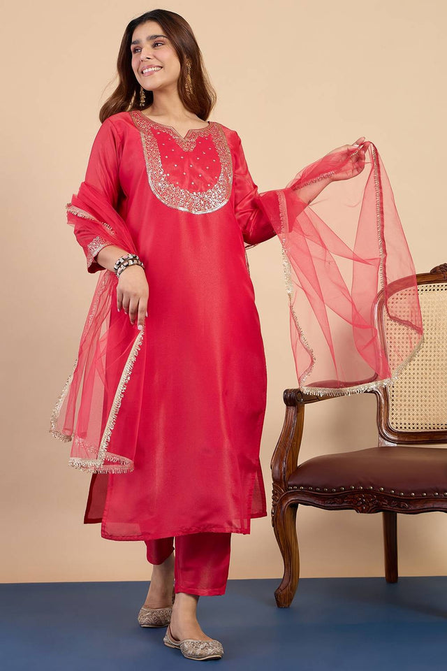 Pink Sequin with Embroidered Silk Blend Kurti Pant Set (ACA9781)